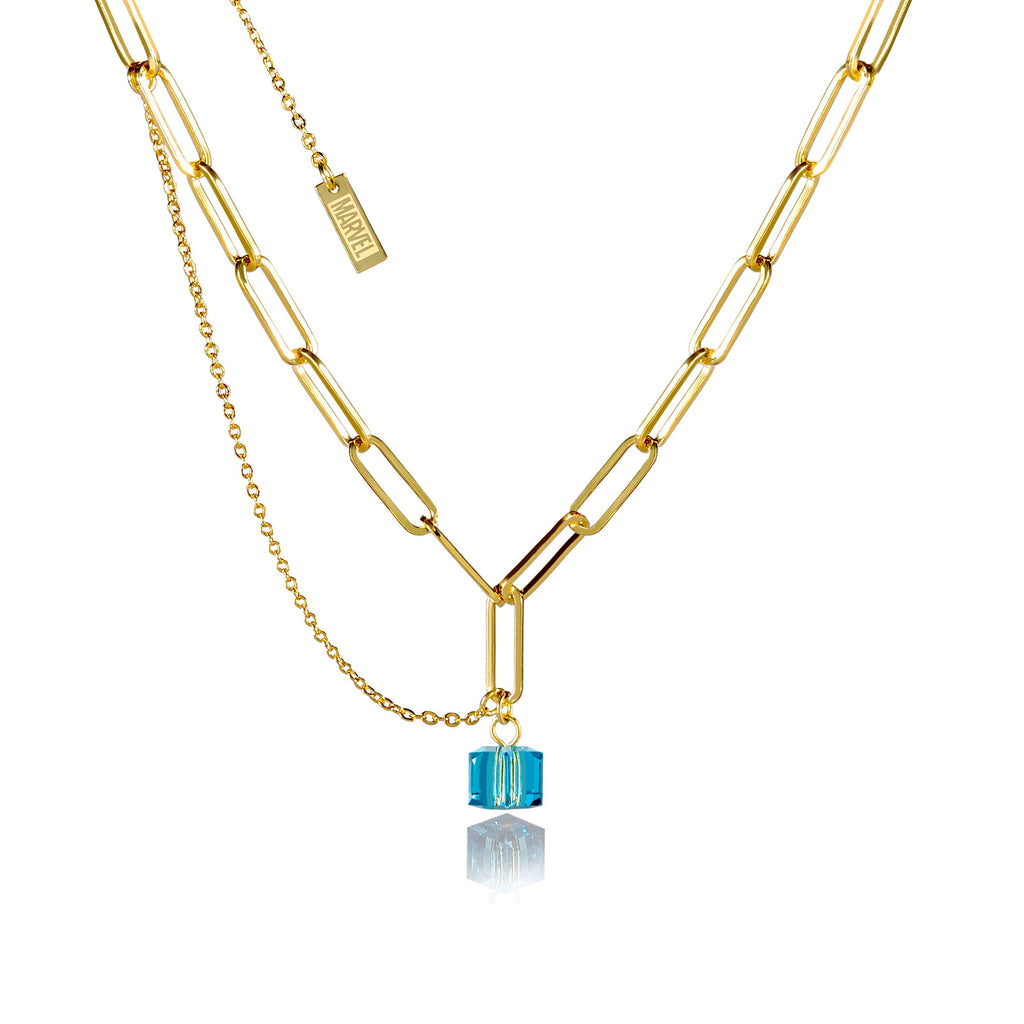 Disney Stainless Steel 14ct Gold Plated Tesseract Blue Crystal Pendant On 45cm Chain