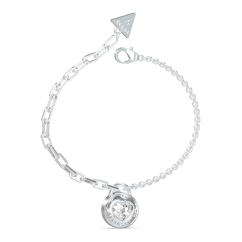 Guess Stainless Steel Rhodium Plated Half Round Chain Heart Bracelet