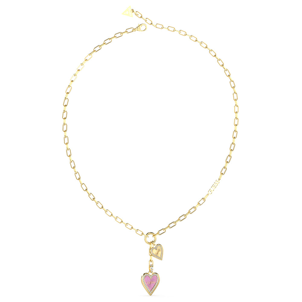 Guess Stainless Steel Gold Plated Pink Double Heart Pendant On 16-18 Chain