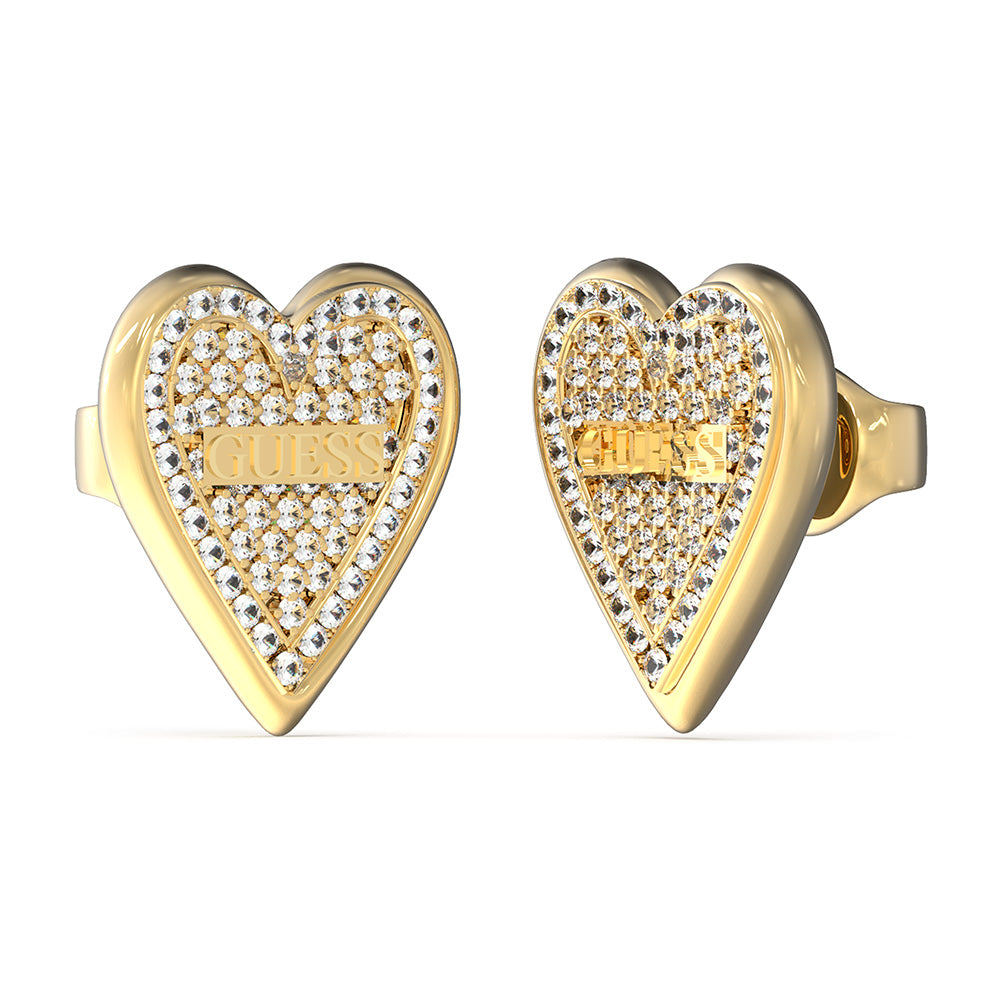 Guess Stainless Steel Gold Plated 14mm Pave Heart Stud Earrings