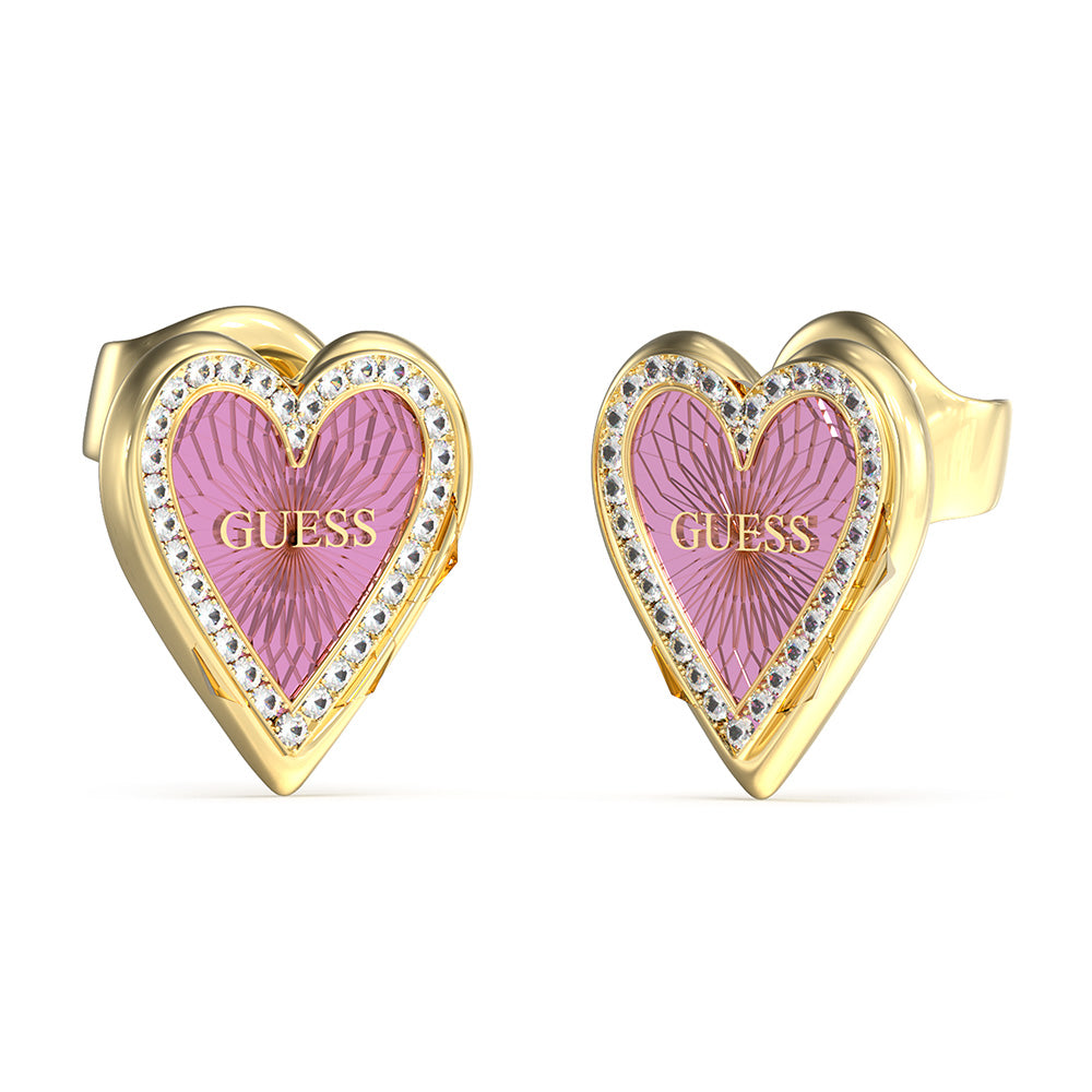 Guess Stainless Steel Gold Plated 14mm Pink Heart Stud Earrings