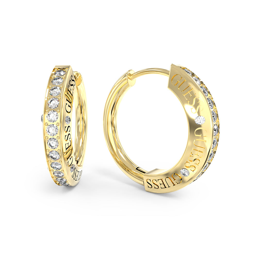 Guess Stainless Steel Gold Plated 20mm Half Round Pave Huggies Earrings