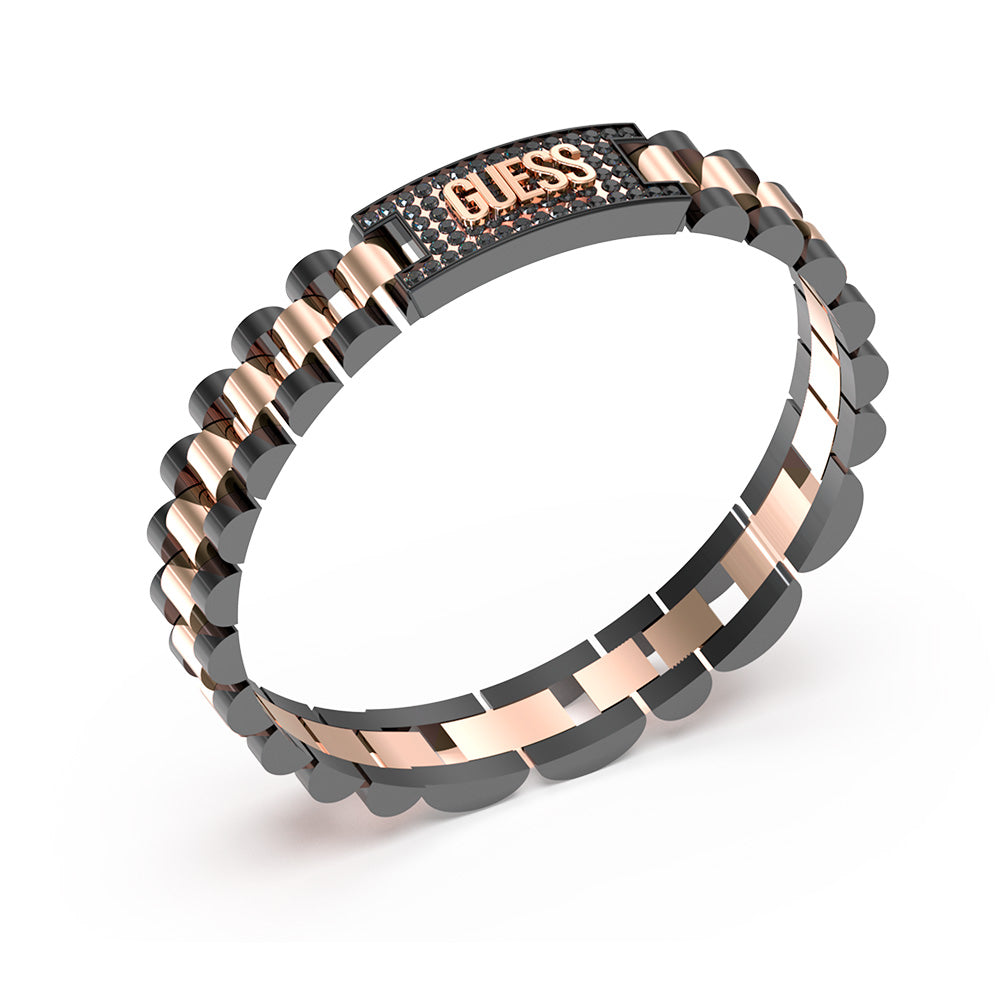 Guess Mens Jewellery Stainless Steel Rose Gold Plated 10mm Pave Tag Empire Bracelet