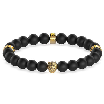 Guess Mens Jewellery Stainless Steel Gold Plated 12mm Lion Black Beads Bracelet