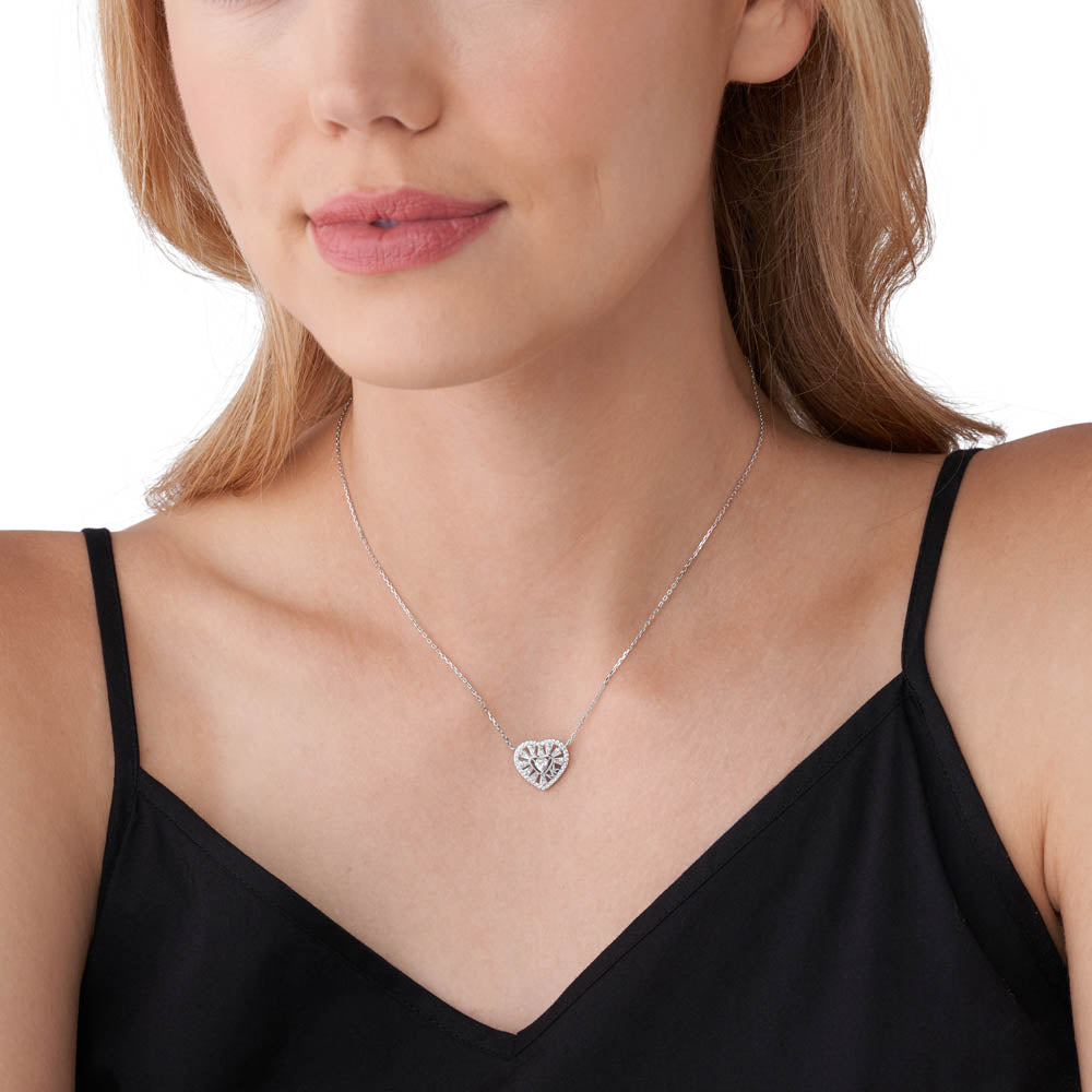 Michael Kors Sterling Silver Premium Tapered Baguette CZ Heart Pendant Grahams Jewellers