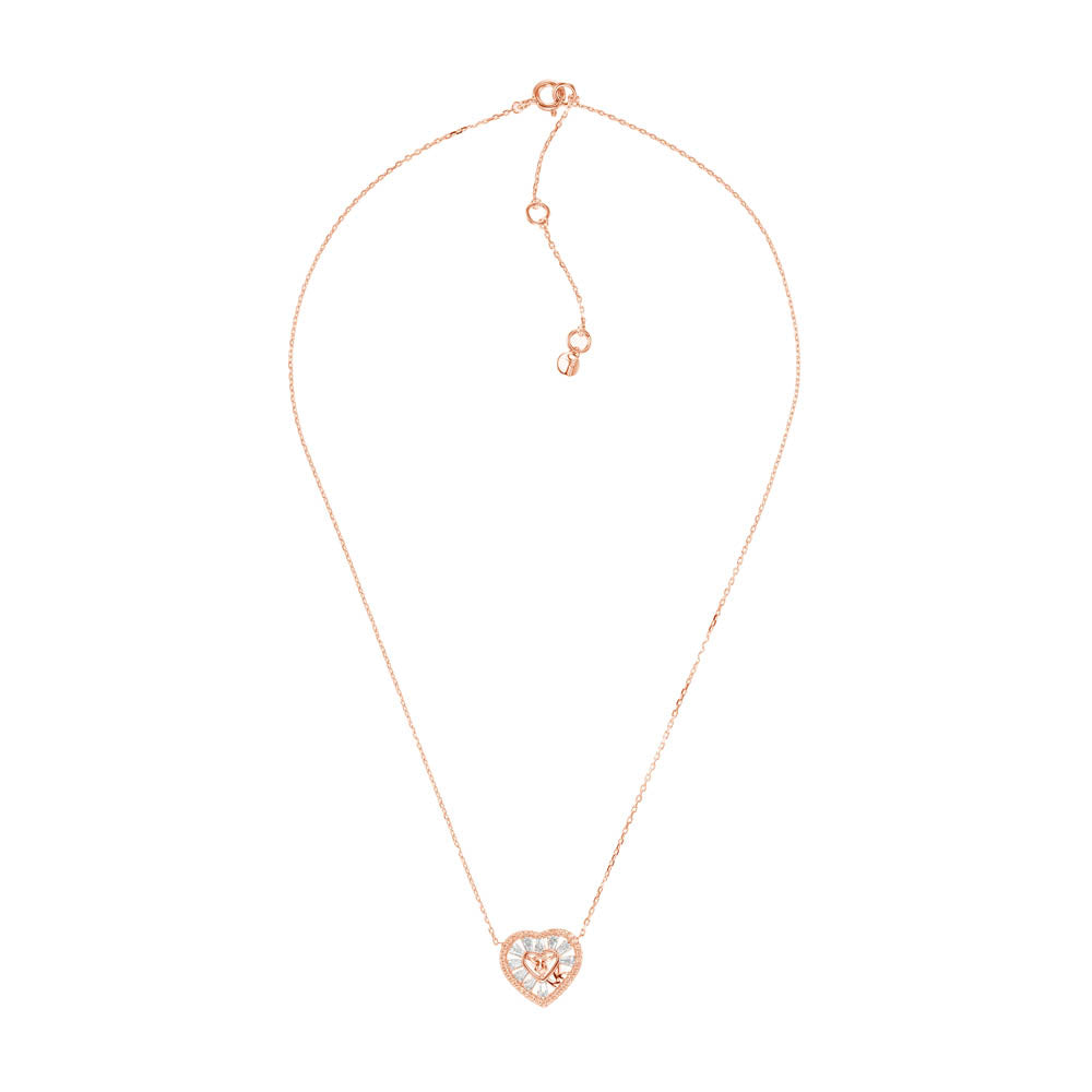 Michael Kors Rose Gold Plated Sterling Silver Premium Tapered Baguette CZ Heart Pendant With Chain