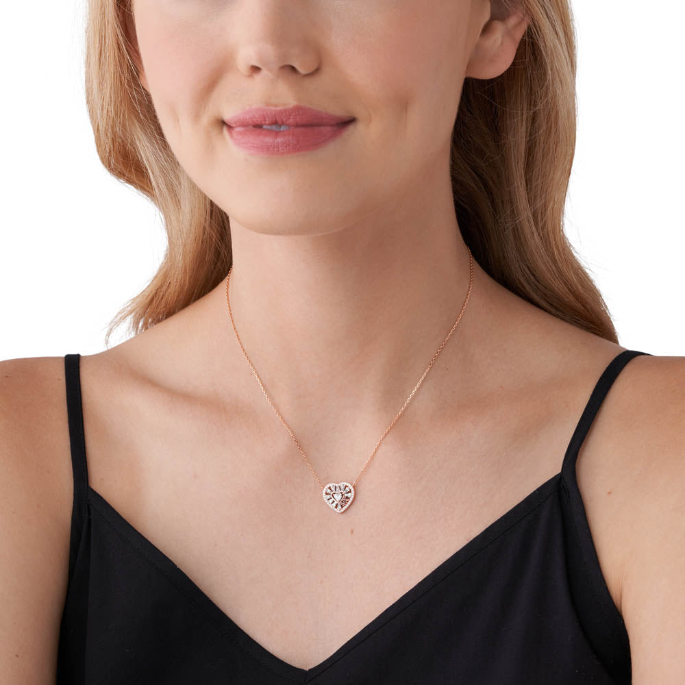 Michael Kors Rose Gold Plated Sterling Silver Premium Tapered Baguette CZ Heart Pendant With Chain
