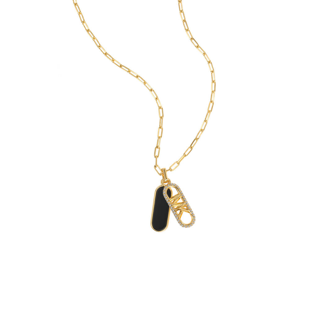 Michael Kors 14ct Yellow Gold Plated Brass Black Onyx Dog Tag Pendant with Chain