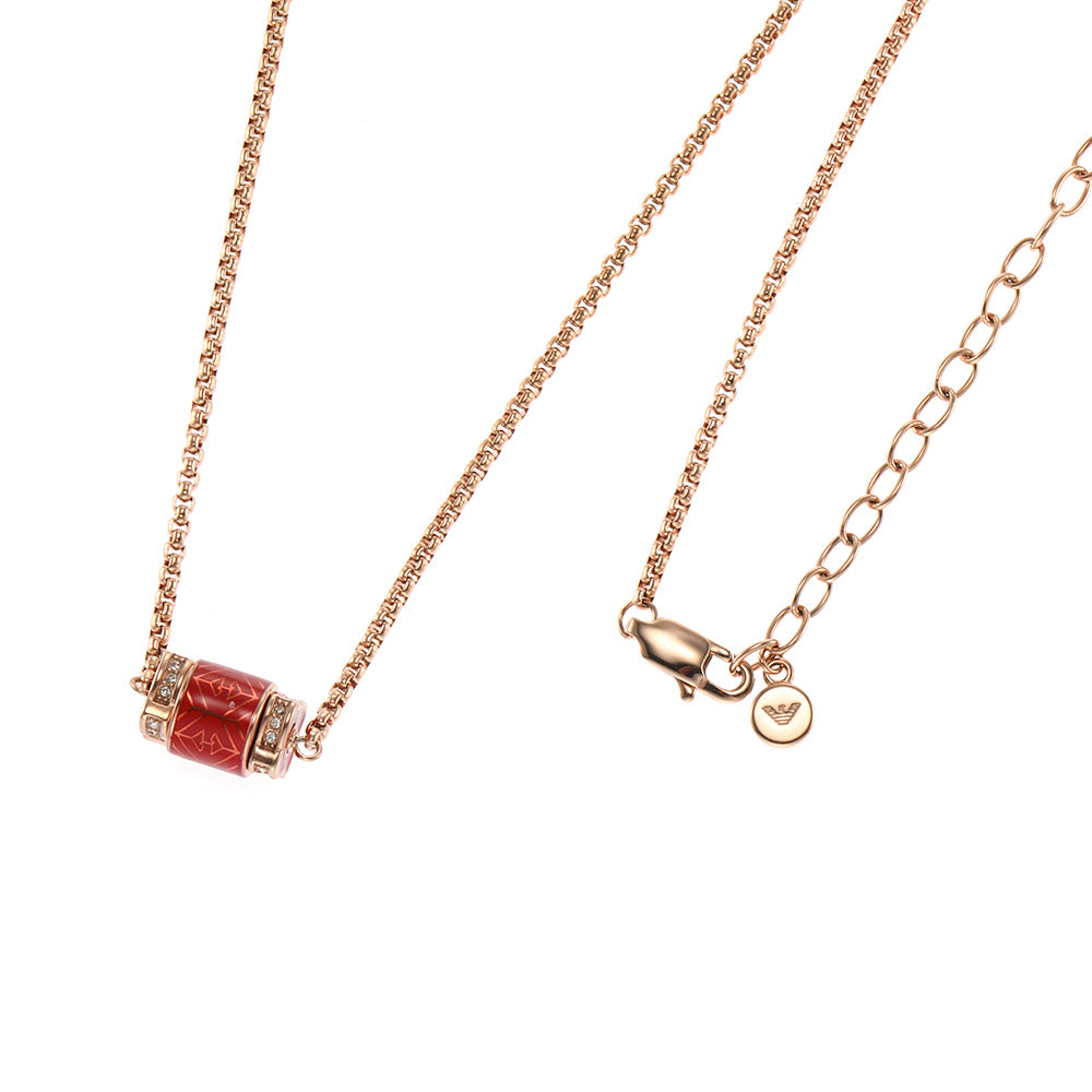 Emporio Armani Rose Gold Plated Stainless Steel Red Lacquer Pendant With Chain