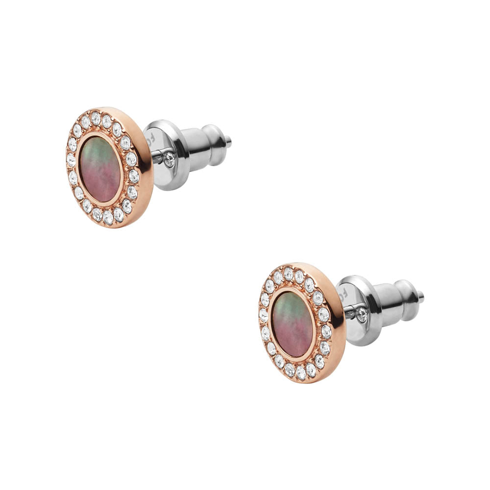Fossil Rose Gold Plated Stainless Steel Gray Mother Of Pearl Glitz Stud Earring