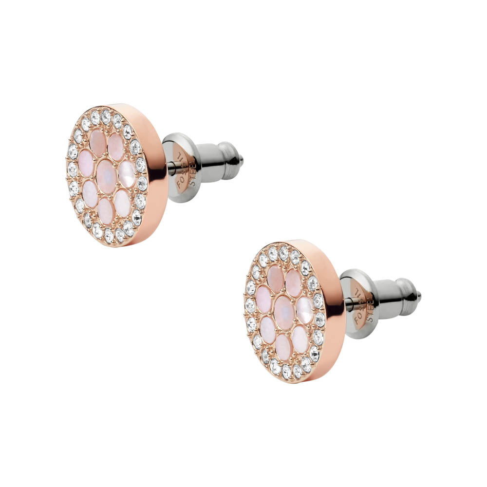 Fossil Rose Gold Plated Stainless Steel Mosaic Mother Of Pearl Round Stud Earring