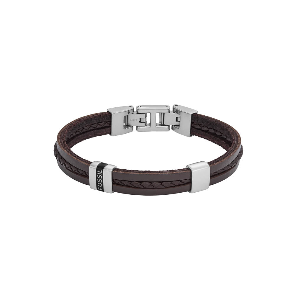 Fossil Stainless Steel Jewelry Brown Leather Strap Bracelet