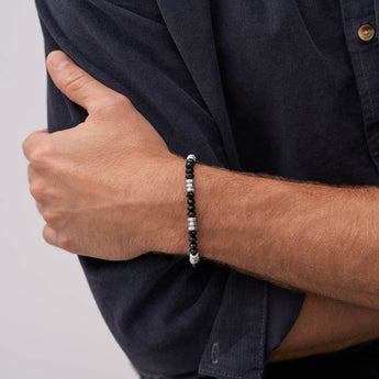 Fossil Stainless Steel Jewelry Black Agate Beaded 19+2.5cm Bracelet