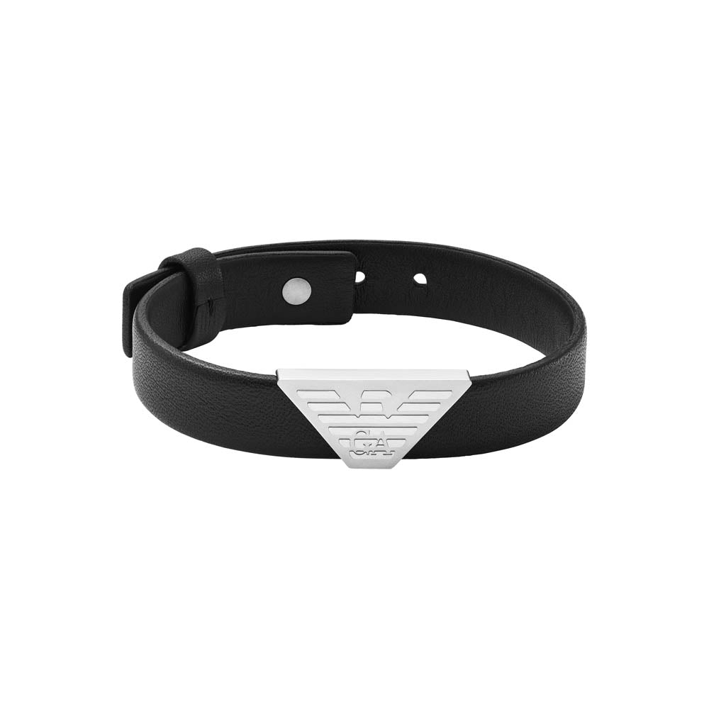 Emporio Armani Stainless Steel Black Leather ID Bracelet