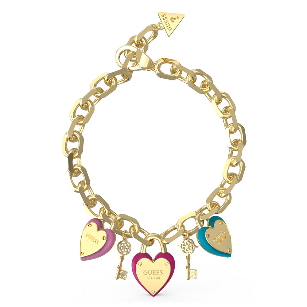 Guess Gold Plated Stainless Steel Multi Heart & Key Bracelet