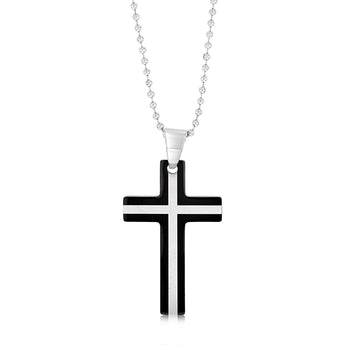 Stainless Steel Black And Silver Two Tone Cross Pendant On 60.9cm Ball Chain