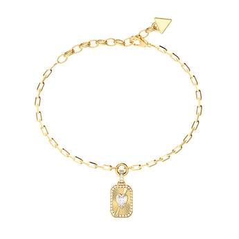 Guess Yellow Gold Plated Stainless Steel Crystal Love 13mm Tag Charm Bracelet