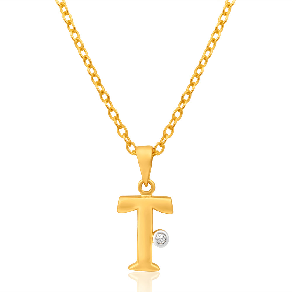 9ct Yellow Gold Pendant Initial T set with diamond