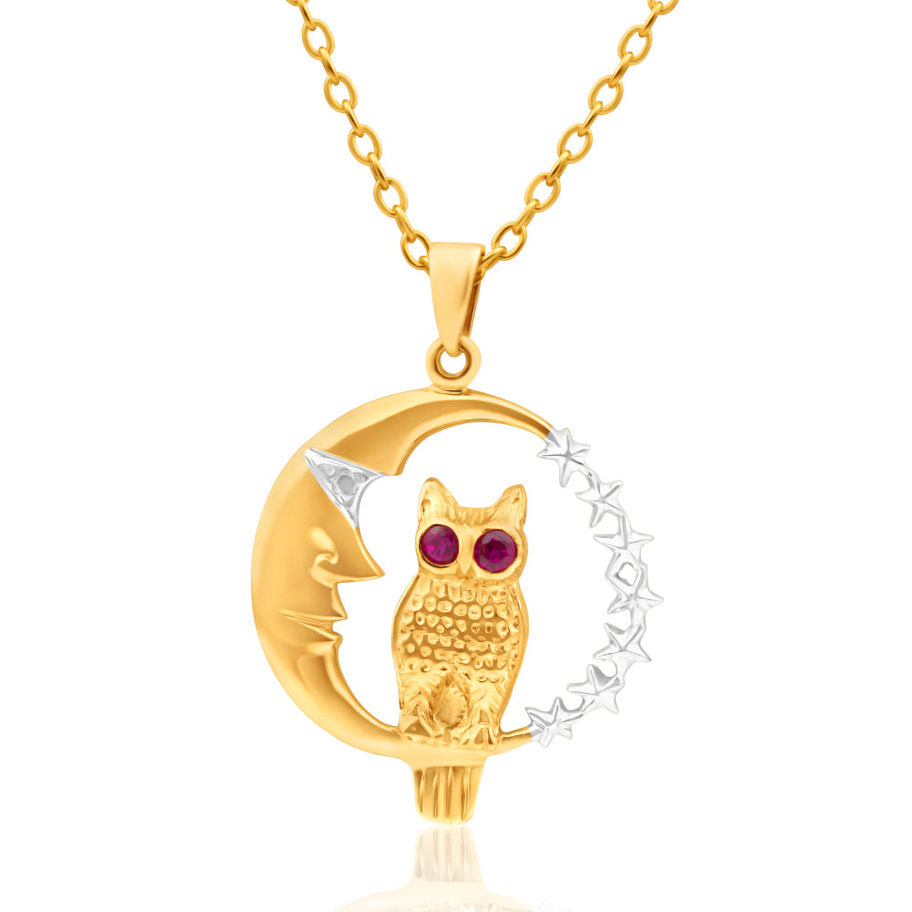 9ct Yellow Gold Created Ruby Owl & Moon Pendant