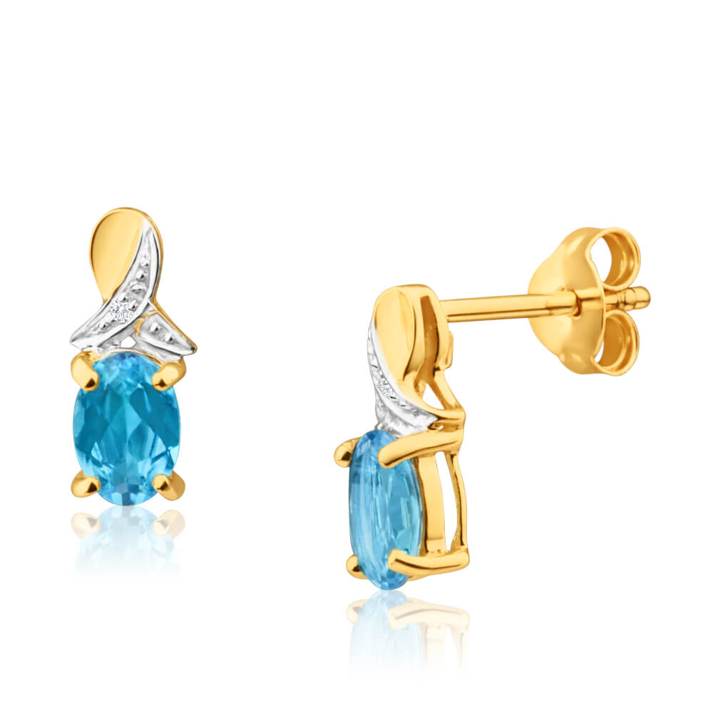 9ct Alluring Yellow Gold Blue Topaz + Diamond Stud Earrings