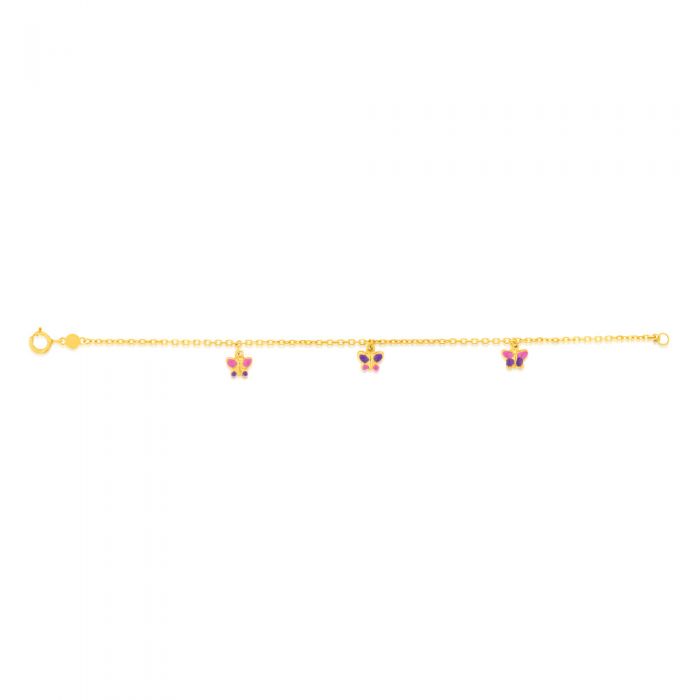9ct Yellow Gold Pink and Purple Enamel Butterfly Baby 14cm Bracelet