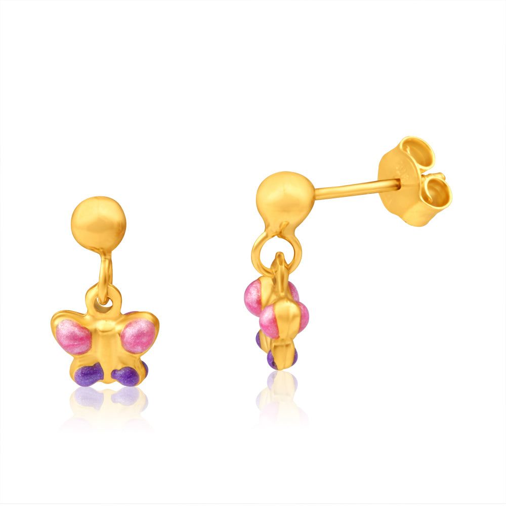 9ct Yellow Gold Butterfly Baby Drop Stud Earrings