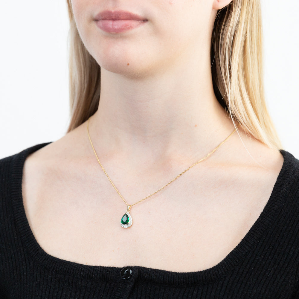 9ct Yellow Gold Created Emerald and Diamond Pendant