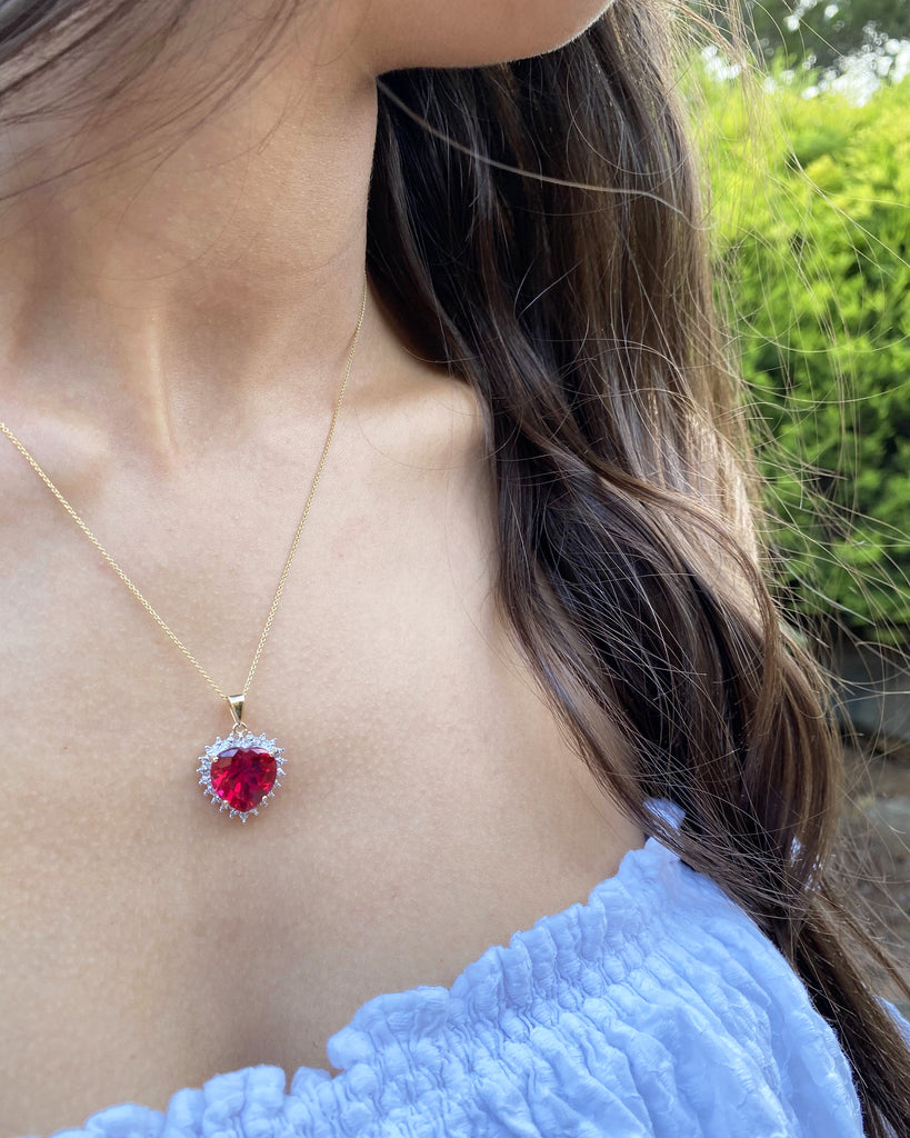 9ct Yellow Gold Created Ruby and Diamond Heart Pendant