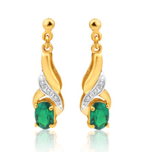 Load image into Gallery viewer, 9ct Yellow Gold Created Emerald + Diamond Drop Earrings