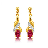 9ct Alluring Yellow Gold Created Ruby + Diamond Drop Earrings