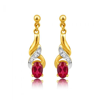 9ct Alluring Yellow Gold Created Ruby + Diamond Drop Earrings