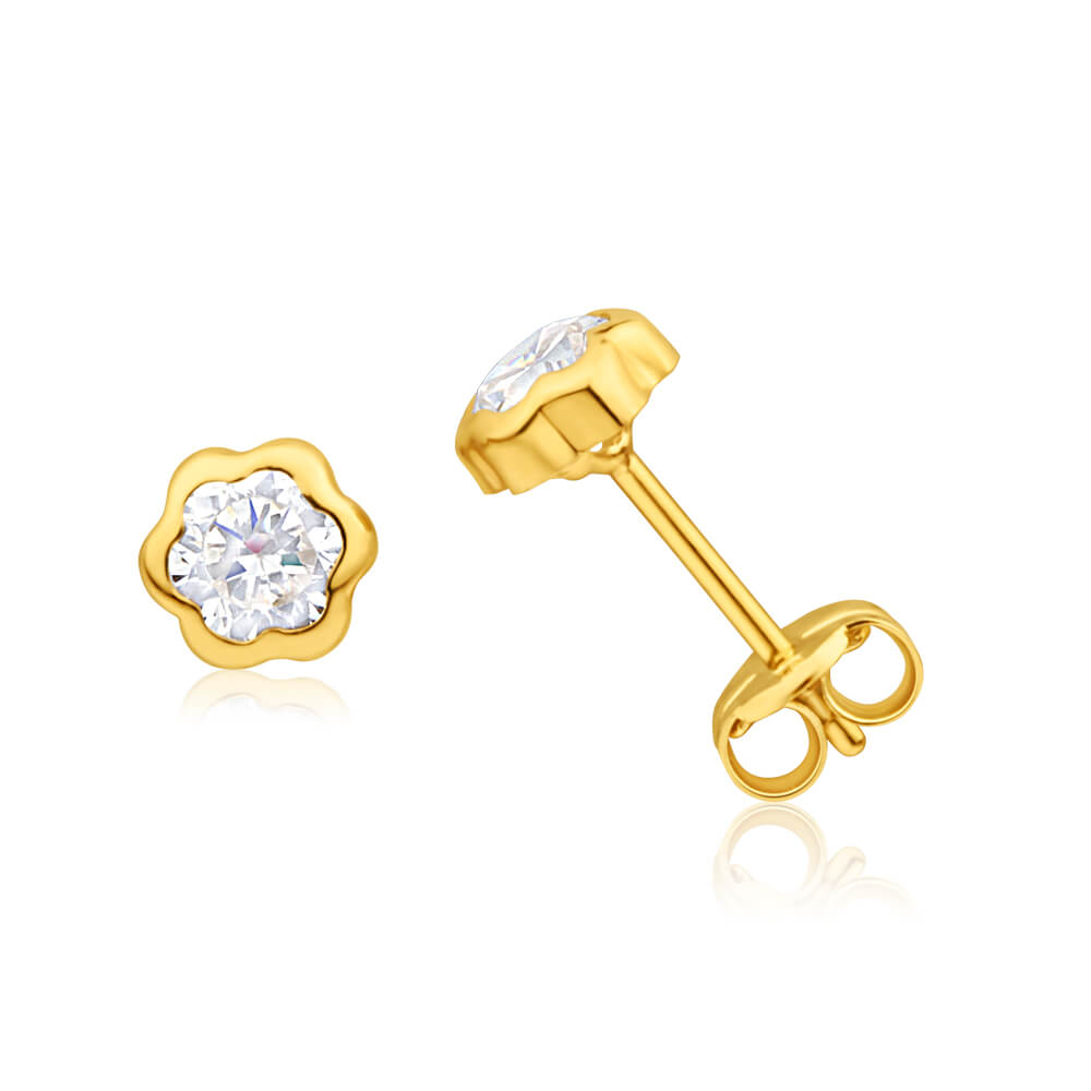 9ct Yellow Gold Flower Shaped Bezel Set Cubic Zirconia 4mm Stud Earrings