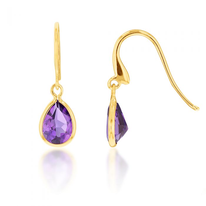 9ct Yellow Gold Amethyst Pear Drop Earrings