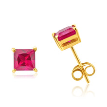 Load image into Gallery viewer, 9ct Yellow Gold Created Ruby 5mm Princess Cut Stud Earrings