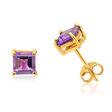 Load image into Gallery viewer, 9ct Yellow Gold Amethyst Princess Cut 5mm Stud Earrings