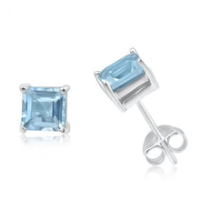 Load image into Gallery viewer, 9ct White Gold 5mm Princess Cut Blue Topaz Stud Earrings