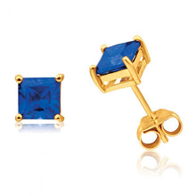 Load image into Gallery viewer, 9ct Yellow Gold Created Sapphire 5mm Princess Cut Stud Earrings