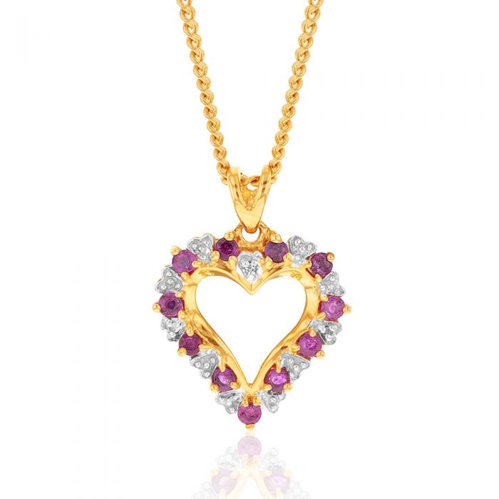 9ct Natural Ruby and Diamond Heart Pendant