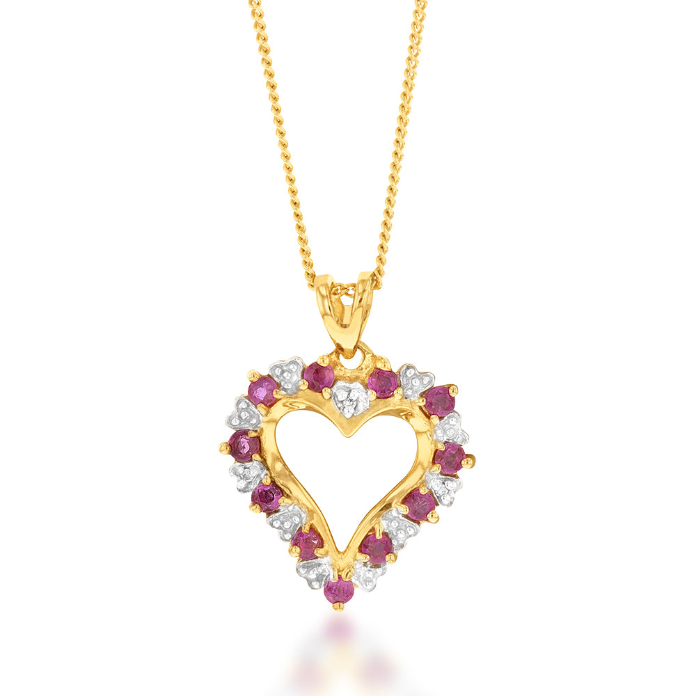 9ct Natural Ruby and Diamond Heart Pendant