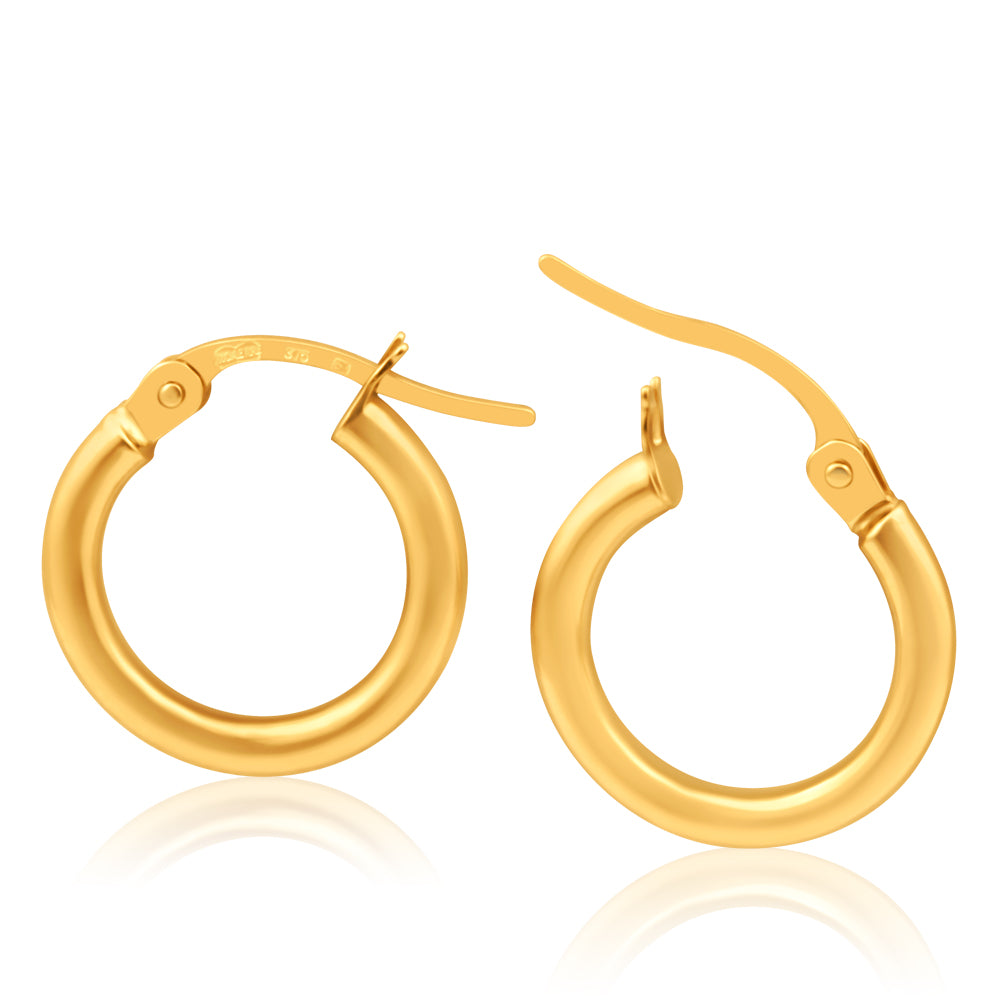 9ct Yellow Gold 10mm Plain Hoop Earrings Italian Made