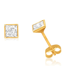 Load image into Gallery viewer, 9ct Yellow Gold Cubic Zirconia 4mm Princess Cut Stud Earrings