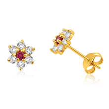 Load image into Gallery viewer, 9ct Alluring Yellow Gold Created Ruby + Cubic Zirconia Stud Earrings