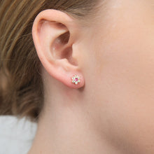 Load image into Gallery viewer, 9ct Alluring Yellow Gold Created Ruby + Cubic Zirconia Stud Earrings