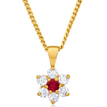 Load image into Gallery viewer, 9ct Yellow Gold Created Ruby + Cubic Zirconia Flower Pendant