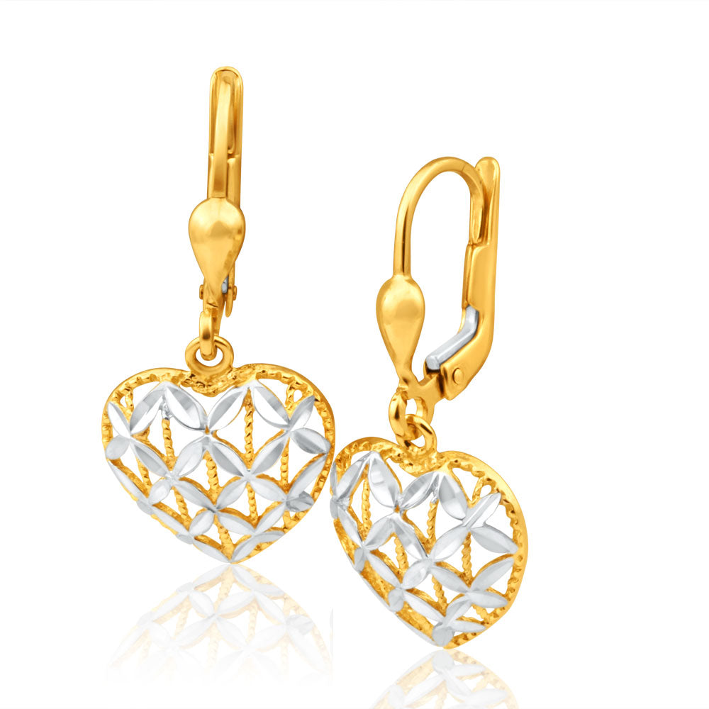 9ct Yellow Gold & White Gold Two-Tone Heart Shaped Filigree Drop Earrings
