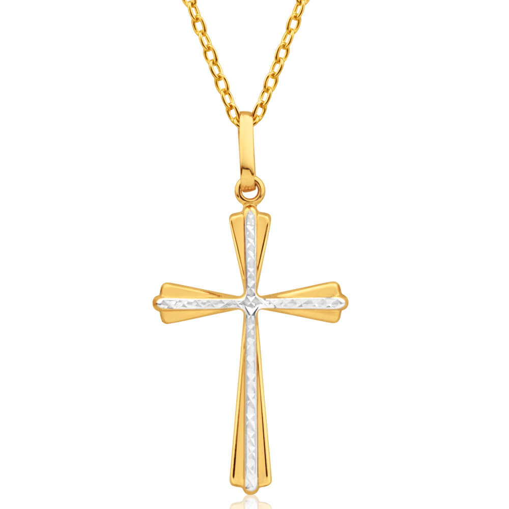 TWO-TONE GOLD CROSS CHARM NECKLACE WITH 11 ROUND DIAMONDS, .17 CT TW -  Howard's Jewelry Center