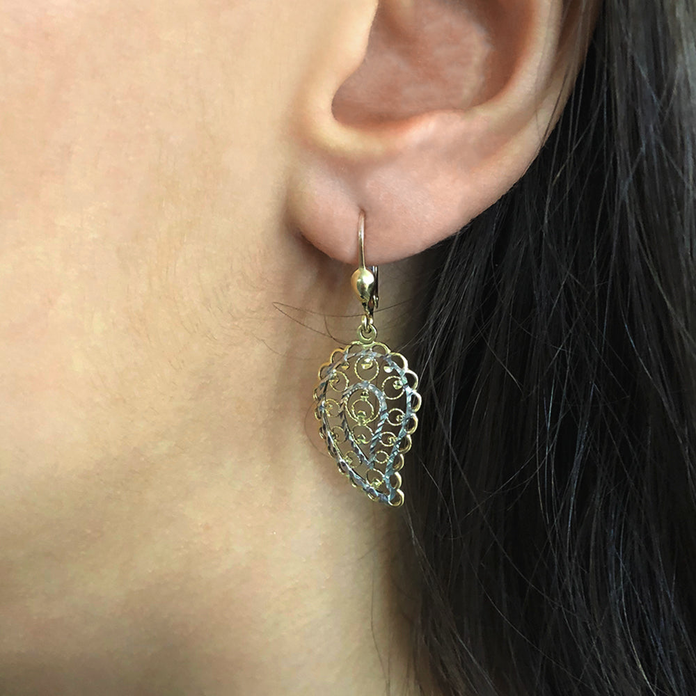 9ct Yellow Gold & White Gold Drop Earrings Filigree Leaf Design
