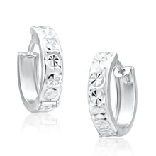 Load image into Gallery viewer, 9ct White Gold 10mm Huggie Hoop Earrings with diamond cutting features