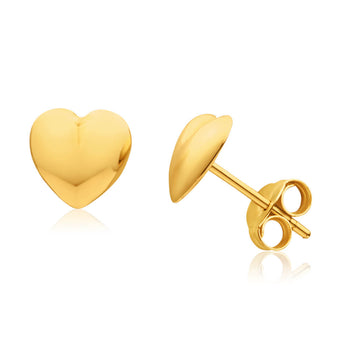 9ct Yellow Gold Puff Heart Stud Earrings