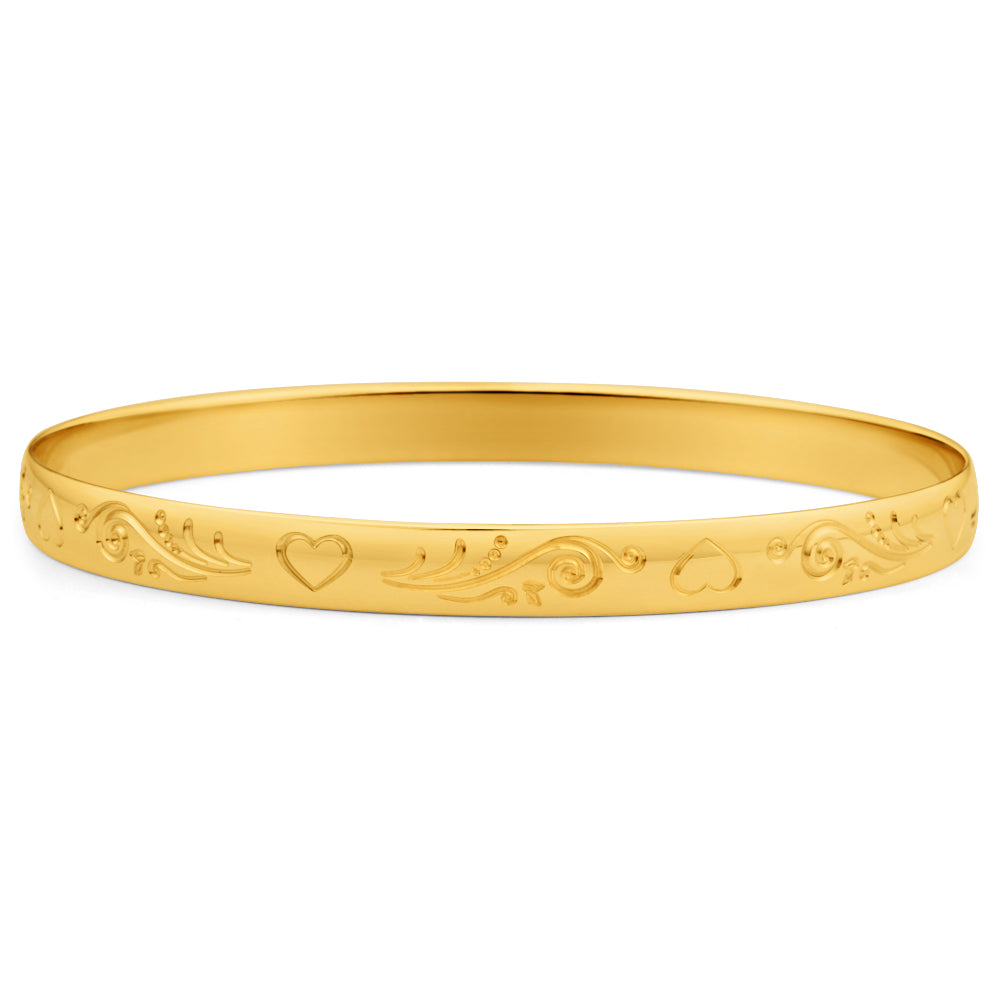 9ct Yellow SOLID Gold Engraved Heart Pattern Bangle